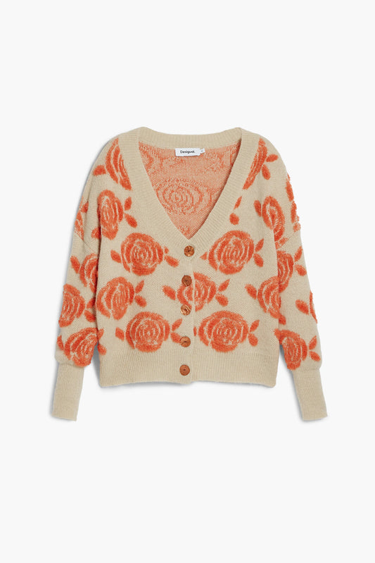 Long-sleeve cardigan from Spanish brand DESIGUAL with V-neck, front button closure, and large rose print. Beautifully textured and warm.