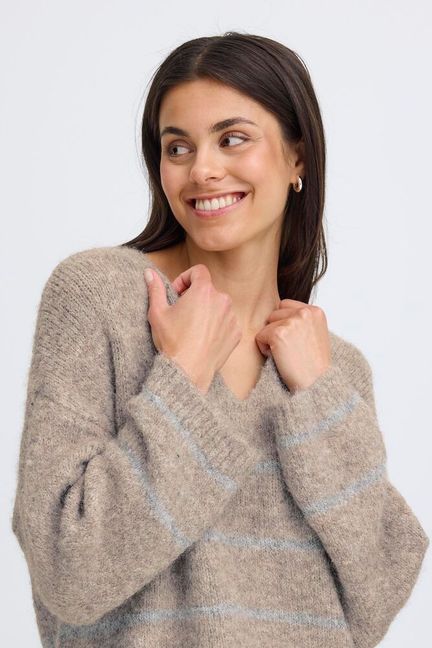 This women's V-neck sweater from FRANSA features a relaxed fit and long sleeves for everyday comfort. Subtle horizontal stripes and a soft knit texture add understated style, making it ideal for versatile, casual wear.