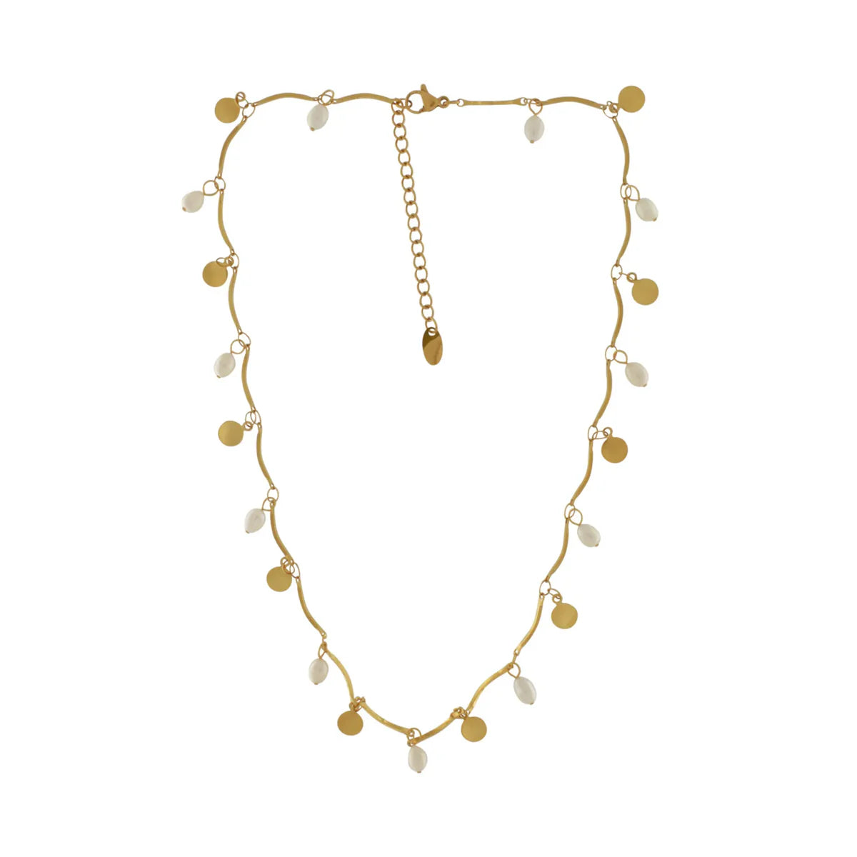 The Joy Waterproof Coin &amp; Pearl Necklace with 18K gold plating offers a simple yet fashionable design perfect for layering. Hypoallergenic and non-tarnish, it’s crafted to withstand sport and pool activities, combining elegance with durability for sophisticated everyday wear.