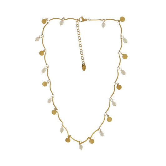The Joy Waterproof Coin &amp; Pearl Necklace with 18K gold plating offers a simple yet fashionable design perfect for layering. Hypoallergenic and non-tarnish, it’s crafted to withstand sport and pool activities, combining elegance with durability for sophisticated everyday wear.