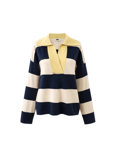 A super soft knit from Parisian brand FRNCH in vibrant navy and ecru horizontal stripes with a collar in a flash of yellow. The notch style neck flatters and the simplicity of the style makes this piece a real winner. Perfect worn with denim.