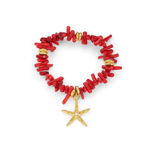 Infuse your style with vibrant colour and coastal charm with the Red Coral Chip &amp; Starfish Bracelet from ORELIA. Completed by the a stunning starfish pendant with a pearl centre and lifelike texture,This multi-dimensional bracelet features bold red coral chips, each one uniquely shaped, bringing the spirit of the sea to your everyday look.
