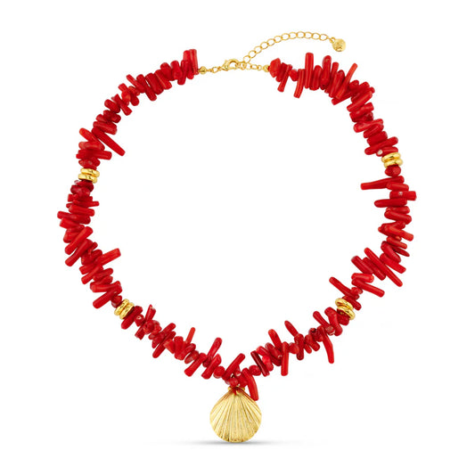 The Red Coral Chip Shell Necklace from ORELIA is a stunning, nature-inspired piece that effortlessly blends vibrant hues with earthy textures. The necklace showcases chunky red coral chips paired with polished gold accents, creating a striking contrast that evokes a coastal aesthetic. Perfect for adding a pop of colour to both casual and beachy outfits.