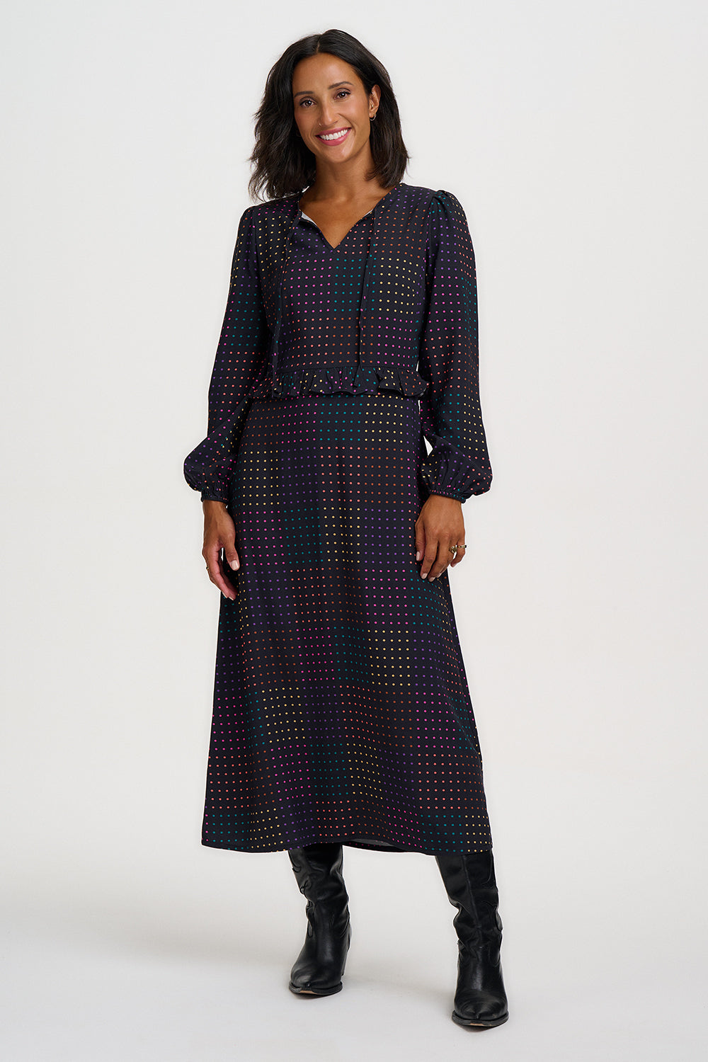 SUGARHILL "Crystal Midi Dress" (Black Dot Matrix)