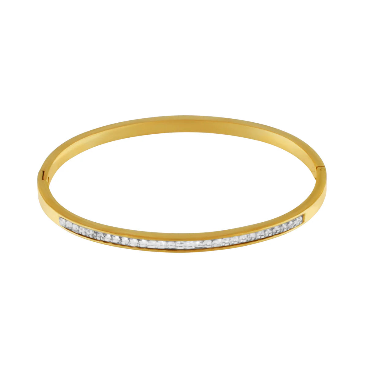This Joy bangle bracelet adds a touch of elegance to any outfit with its waterproof design and slim CZ stones. Made with 18K gold plating, it is durable and stylish. Perfect for a night out or everyday wear, it is a versatile and timeless piece.