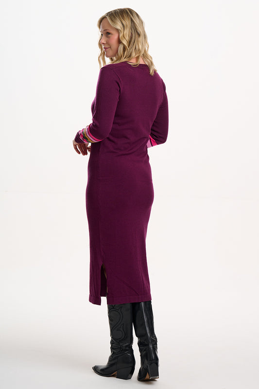 SUGARHILL "Dania Knit Midi Dress" (Burgundy Stripe Sleeve)