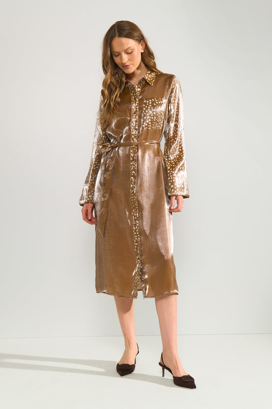 Classic tailoring meets playful detailing in the beautiful NUDEER Dress by Numph. This elegant shirt dress is crafted from a fabric with a subtle sheen, creating a polished look that's perfect for both everyday wear and smarter occasions.