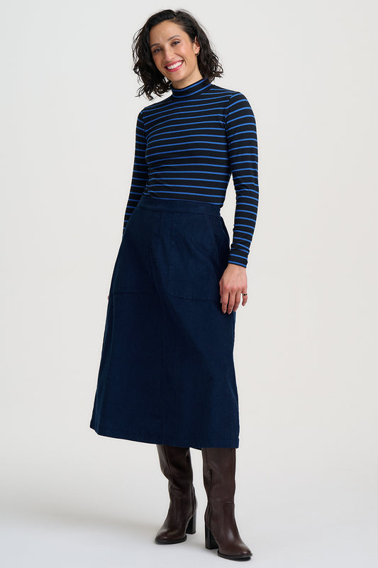 A cord skirt from SUGARHILL with all the makings of a season staple, the Deirdre is cut in a rich teal and finished with a soft, chunky corduroy texture that only gets better with wear.