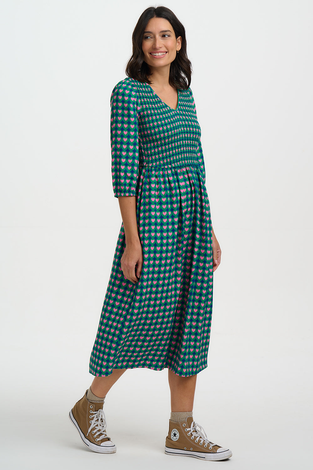 SUGARHILL "Della Shirred Midi Dress" (Navy)