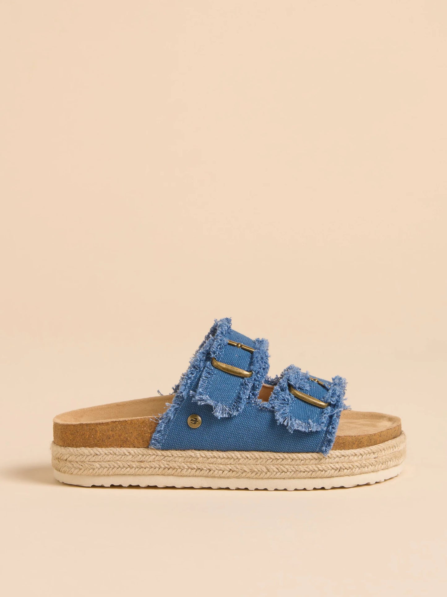 Find the perfect fusion of fashion and comfort from BRAKEBURN in these retro-styled chunky platform sandals with frayed denim straps and rope trim. With wide adjustable straps and naturally supportive moulded cork footbed with soft faux-suede finish, these sturdy sandals will carry you through all your summer adventures with ease.