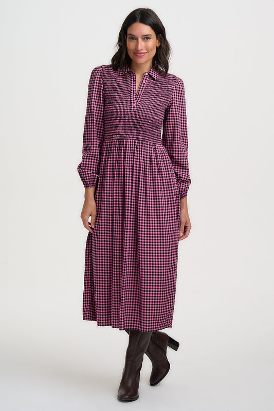  modern classic from SUGARHILL with plenty of personality, this midi dress puts a fresh spin on everyone's favourite check. A sweet and timeless micro gingham print in a striking rose and black colourway
