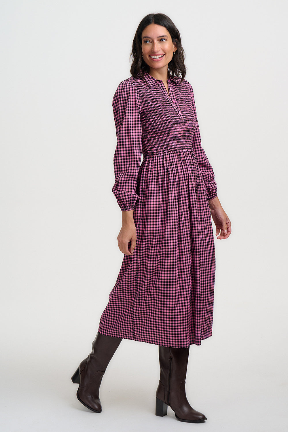 SUGARHILL "Diana Shirred Midi Dress" (Rose Micro Gingham)