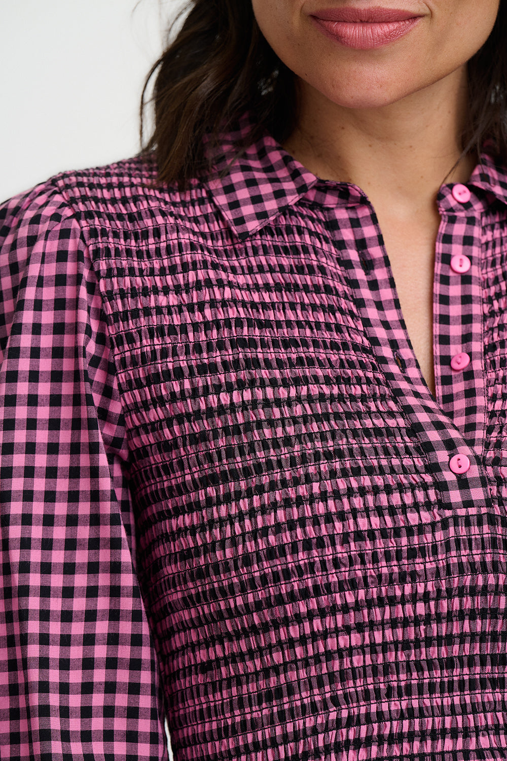 SUGARHILL "Diana Shirred Midi Dress" (Rose Micro Gingham)