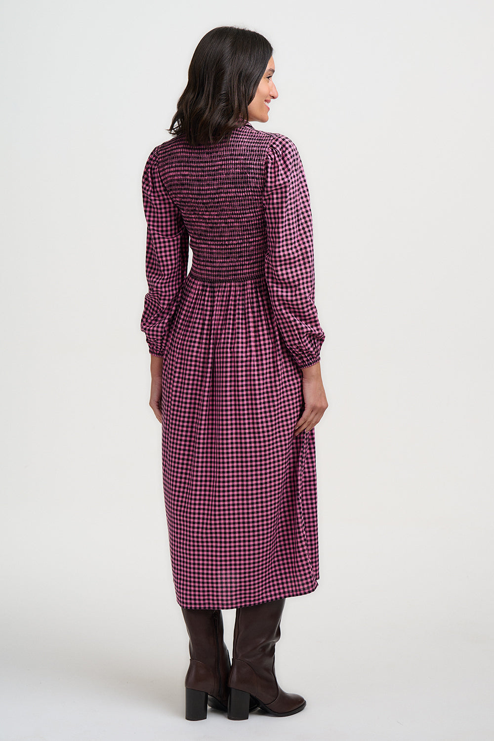 SUGARHILL "Diana Shirred Midi Dress" (Rose Micro Gingham)