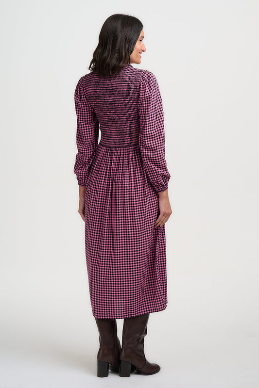 SUGARHILL "Diana Shirred Midi Dress" (Rose Micro Gingham)