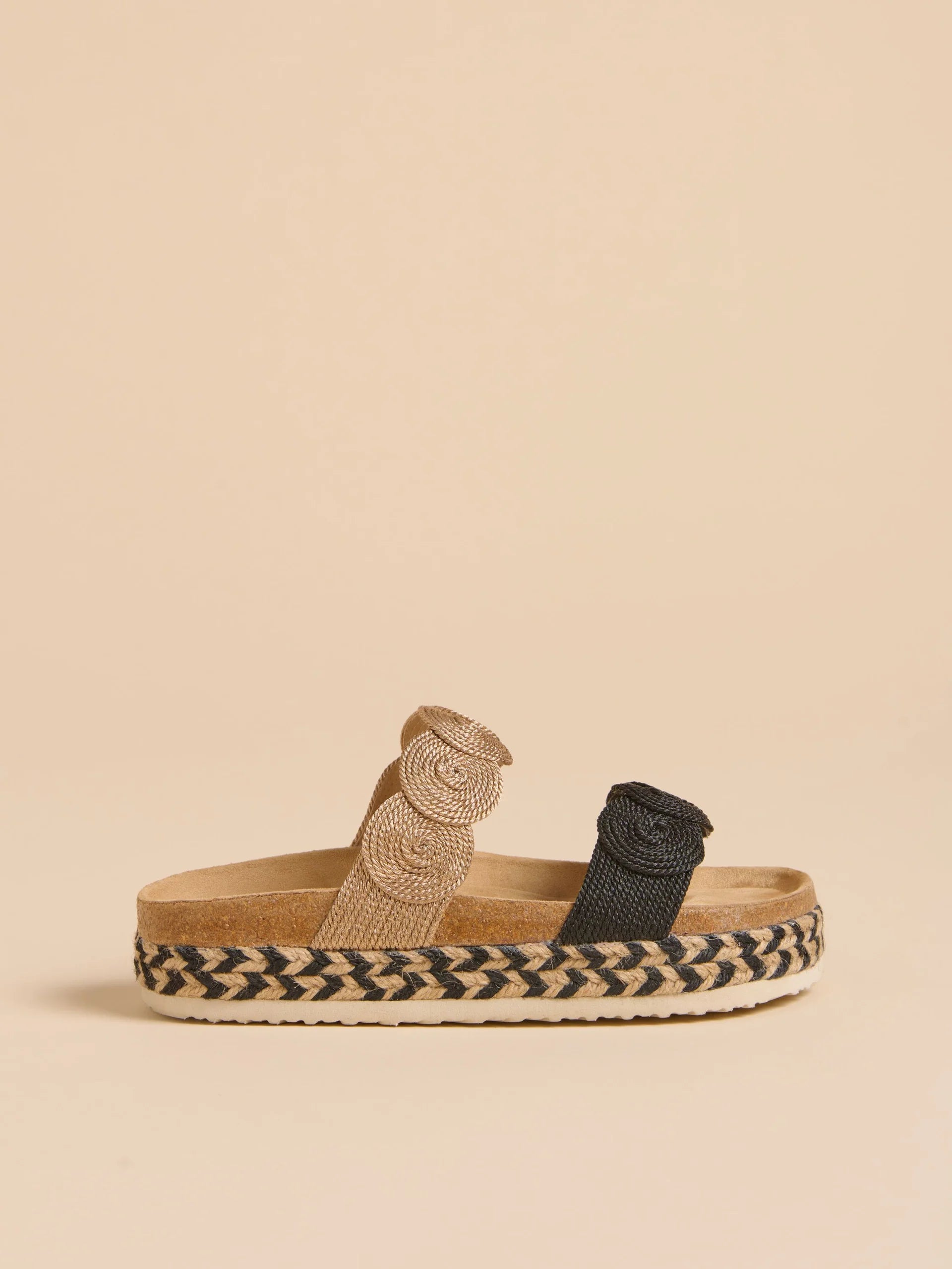 Step out in style in the discus sandal from BRAKEBURN in black and bronze, with double plait detailing. These striking yet simple sandals are sure to elevate any outfit, while the moulded cork foot bed with faux-suede finish will keep your feet comfy all day.