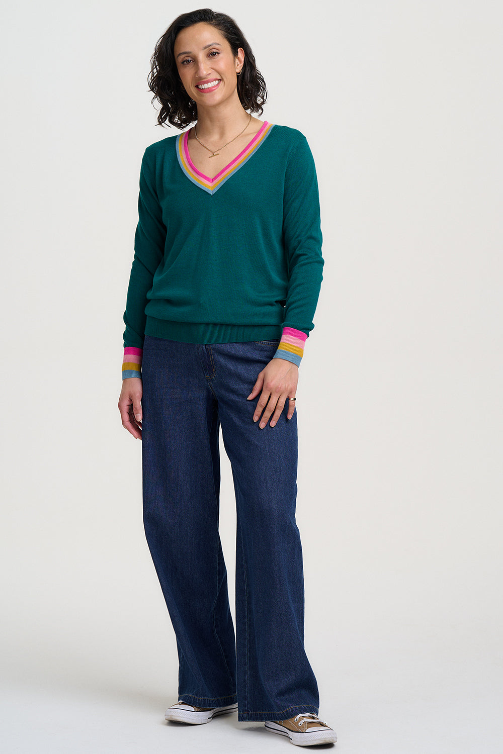 SUGARHILL "Doris V Neck Jumper " (Teal Rainbow Stripe)