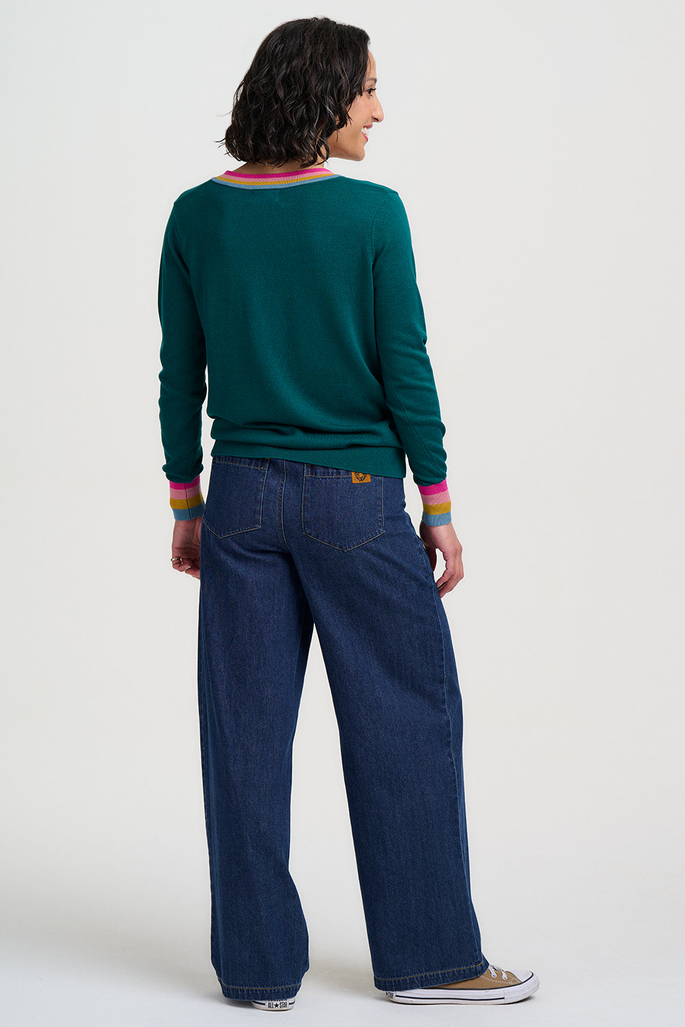 SUGARHILL "Doris V Neck Jumper " (Teal Rainbow Stripe)