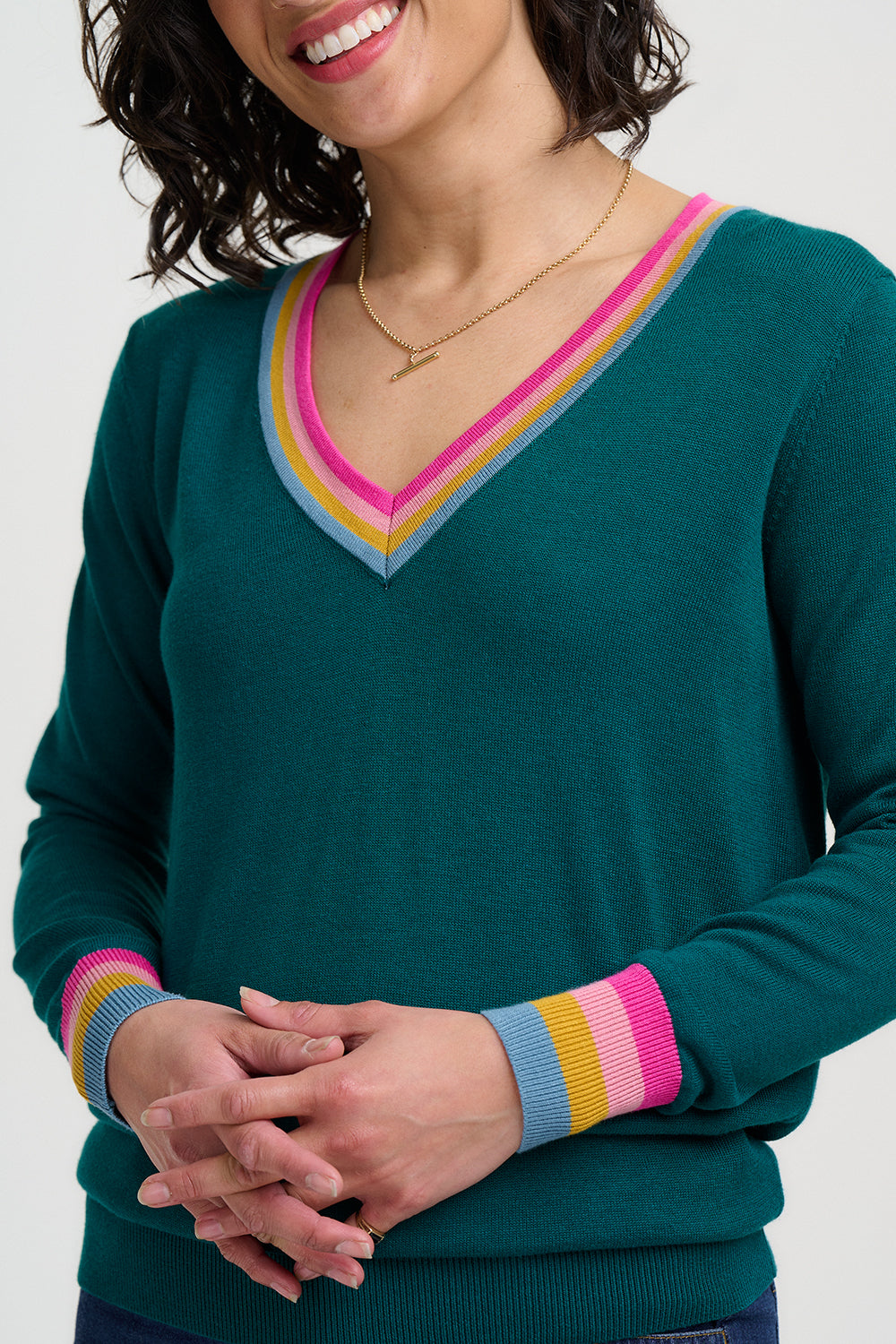 SUGARHILL "Doris V Neck Jumper " (Teal Rainbow Stripe)