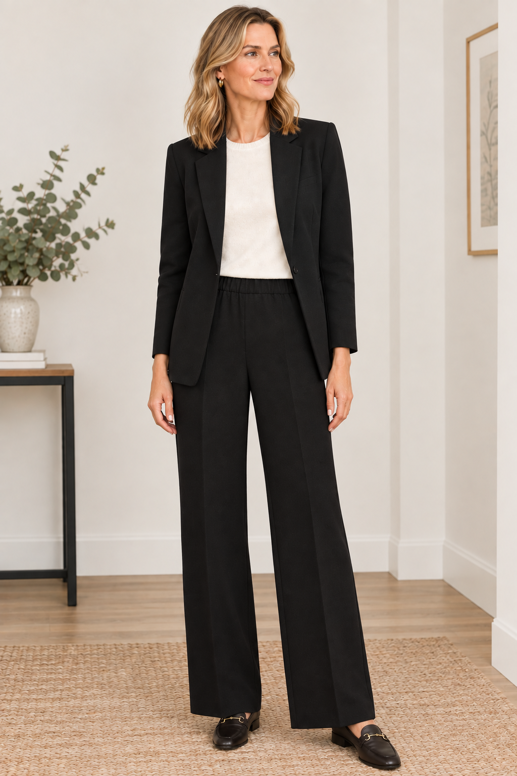 The Editta from German Brand STEHMANN is a great all rounder, perfect for work and play. This classic black is super useful . A pull on piece in a straight leg is in a super soft warmer fabric. There are faux pockets at the back and a half elasticated waist.