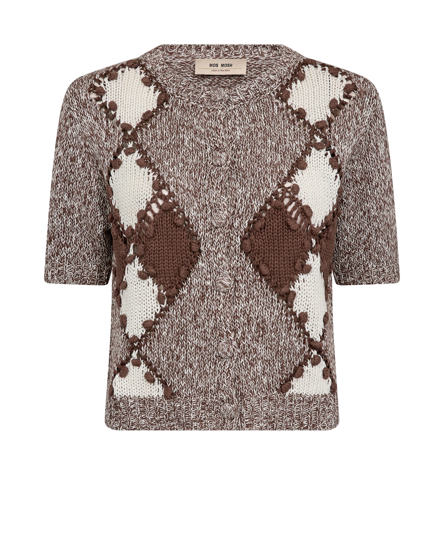 A charming short-sleeved cardigan from MOS MOSH with a graphic diamond pattern. Designed with a crew neckline and button closure, it’s crafted from a breathable linen and cotton blend for a soft yet structured feel - ideal for layering through the warmer months.