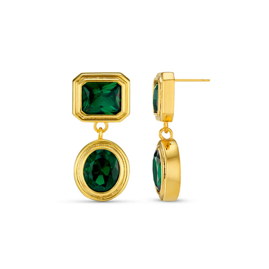 Make a bold and sophisticated impression with these Statement Emerald Deco Drop Earrings. Featuring vibrant emerald coloured stones set in an art-deco-inspired setting and a refined drop that intensifies their bold elegance. Perfect for party season.