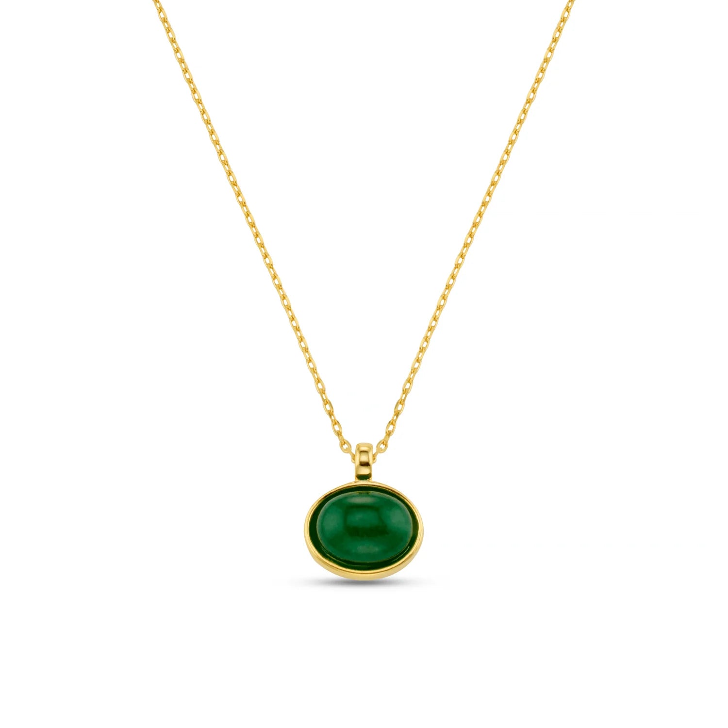 The Semi-Precious Green Pendant Necklace, featuring a beautifully cut green Jade semi-precious stone set in a gold-tone frame, this pendant captures light and attention with its rich, earthy hue and subtle veining.