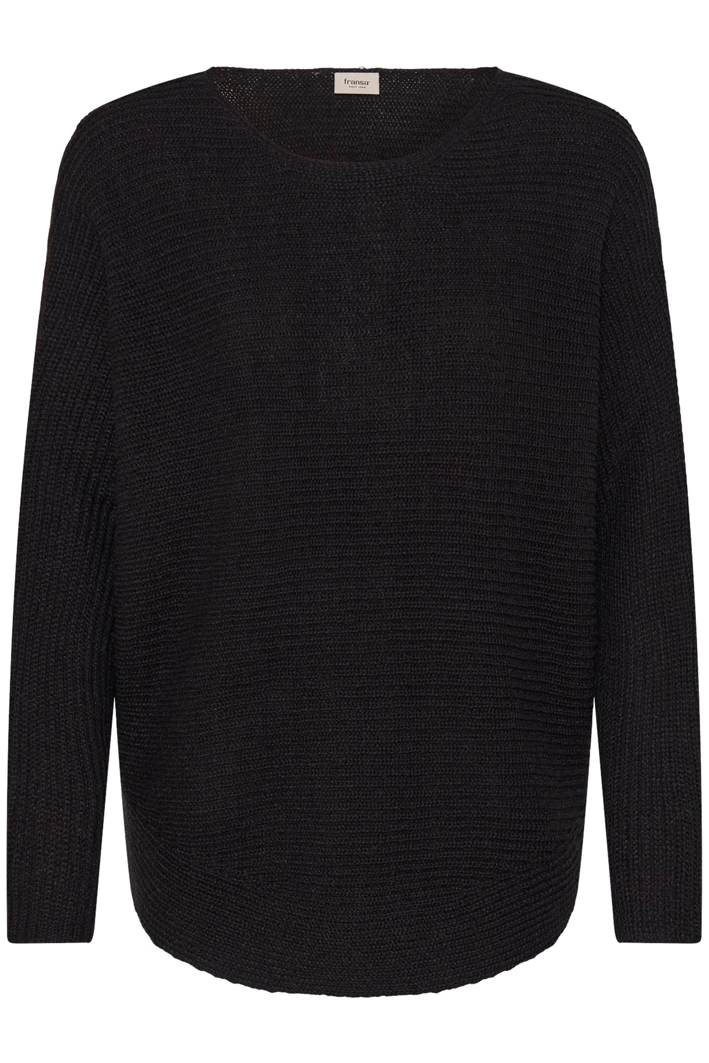 The perfect horizontal ribbed knit from FRANSA. Round at the neck with a full sleeve and rounded hem this knit is a great wardrobe staple.