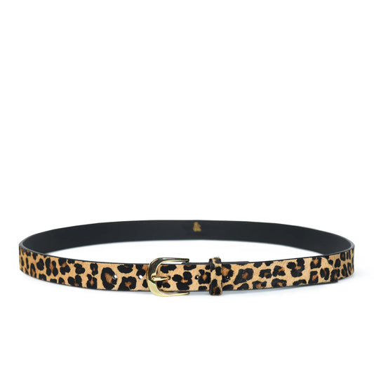 Hand made in our smaller leopard print 'pony' leather - as with all of our leathers, this is a cow leather - with full leather lining and gold colour buckle, our Erina leather belt has been sized to fit as a jeans belt - just add extra holes to wear as a waist belt.