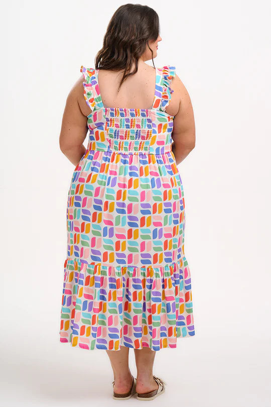 SUGARHILL "Estelle Shirred Midi Sundress" (Off White Curved Geometric)