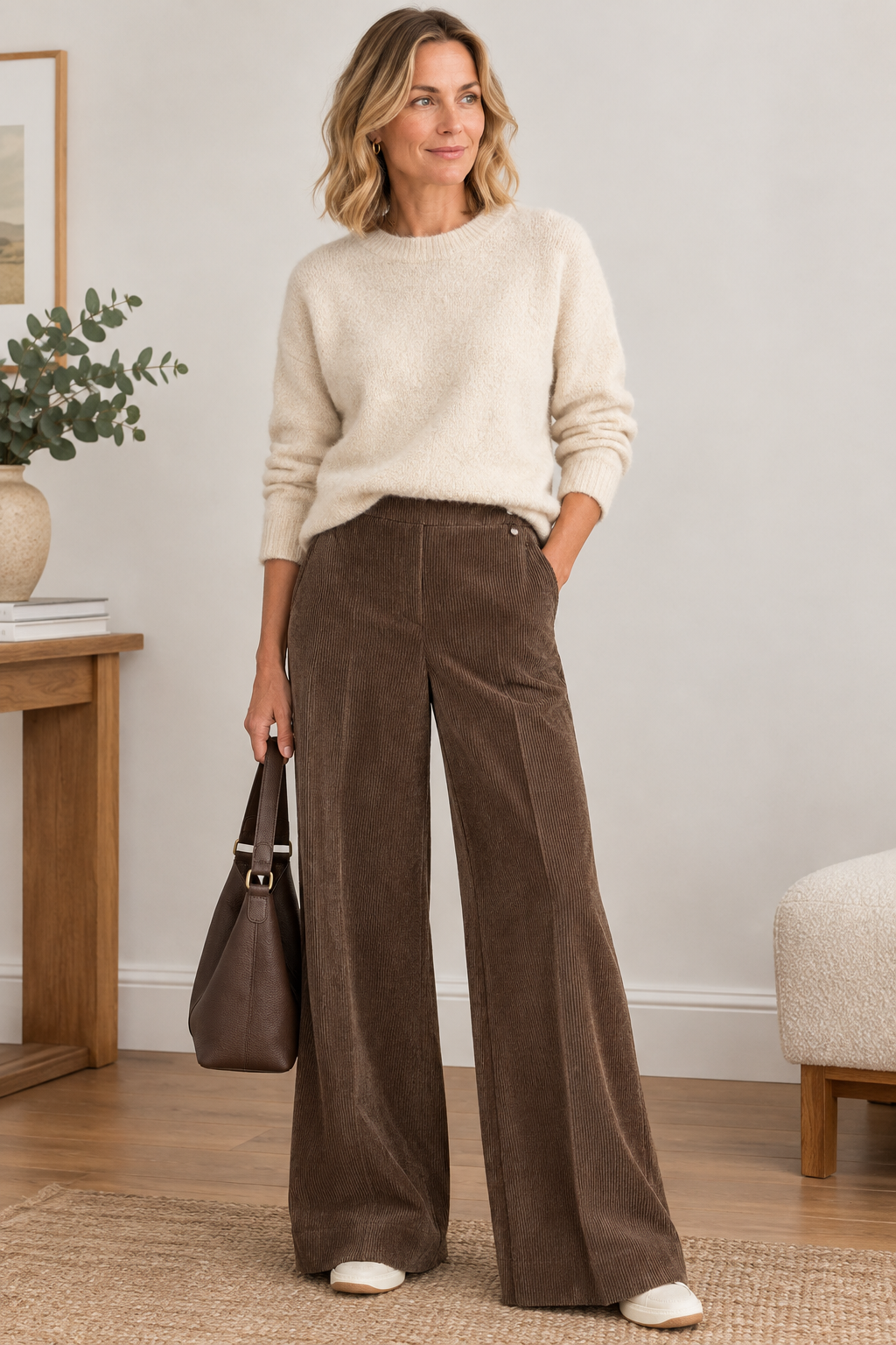 Comfort meets effortless style with these easy-to-wear pull-on cord trousers fron STEHMANN. Designed with a half-elasticated waist they offer a comfortable, flattering fit with just the right amount of flexibility.

Crafted in a soft, textured cord fabric, they feature a relaxed wide-leg silhouette and practical front pockets, making them perfect for everyday dressing. Simply pair with a cosy knit and trainers for a relaxed daytime look, or dress them up with boots and a smart jacket.

Please note these are