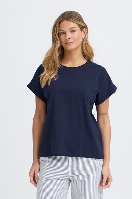 T-shirt from FRANSA, relaxed straight fit, soft-looking finish, rolled short sleeves, and classic crew neckline for effortless style. Fit is true to size.