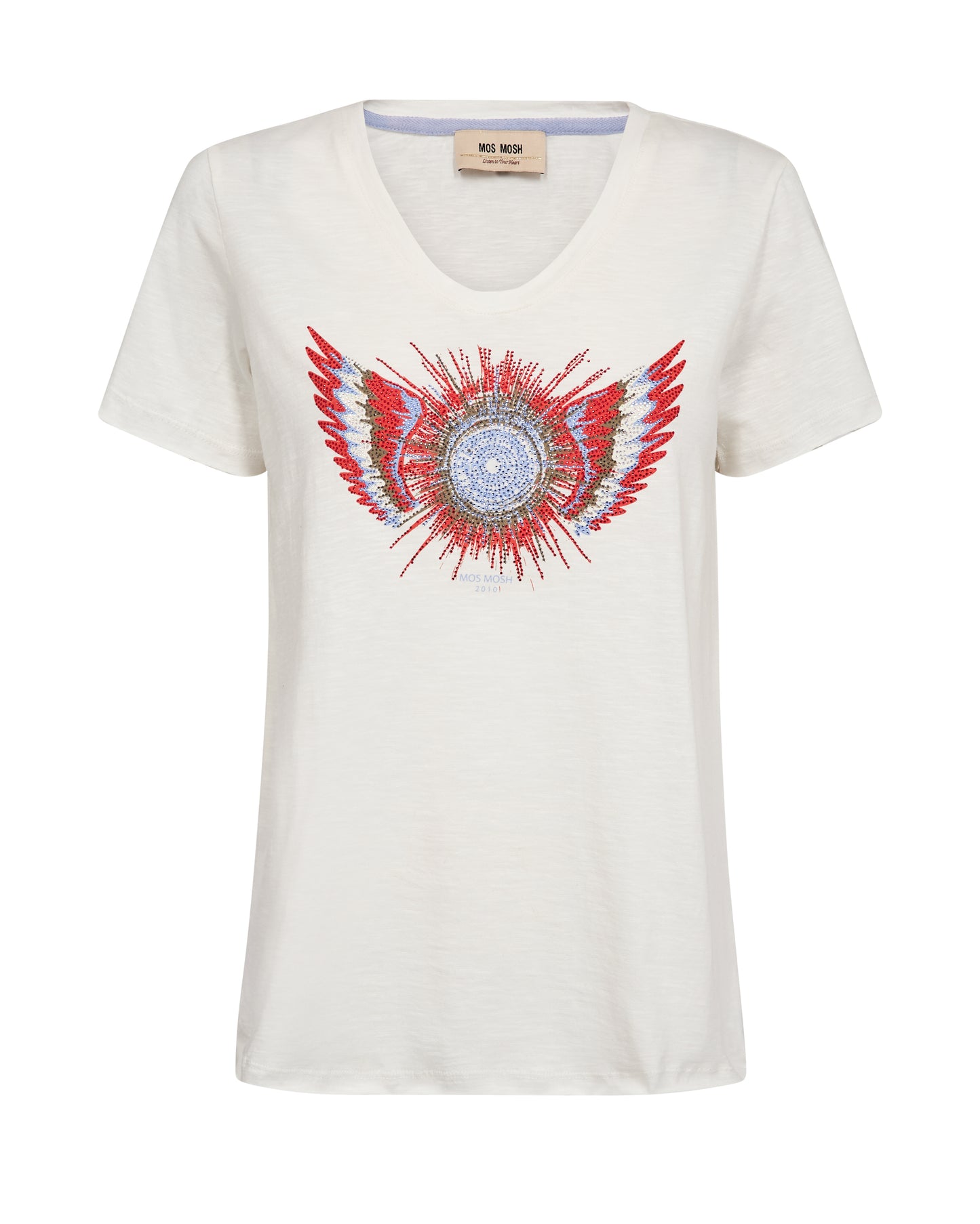 A timeless T-shirt with a glamorous twist from MOS MOSH. Crafted from soft cotton and designed in a flattering, fitted silhouette. The front features a striking embellished print that adds a touch of sparkle to your everyday look. Style it with jeans or a blazer for effortless elegance with a hint of attitude.