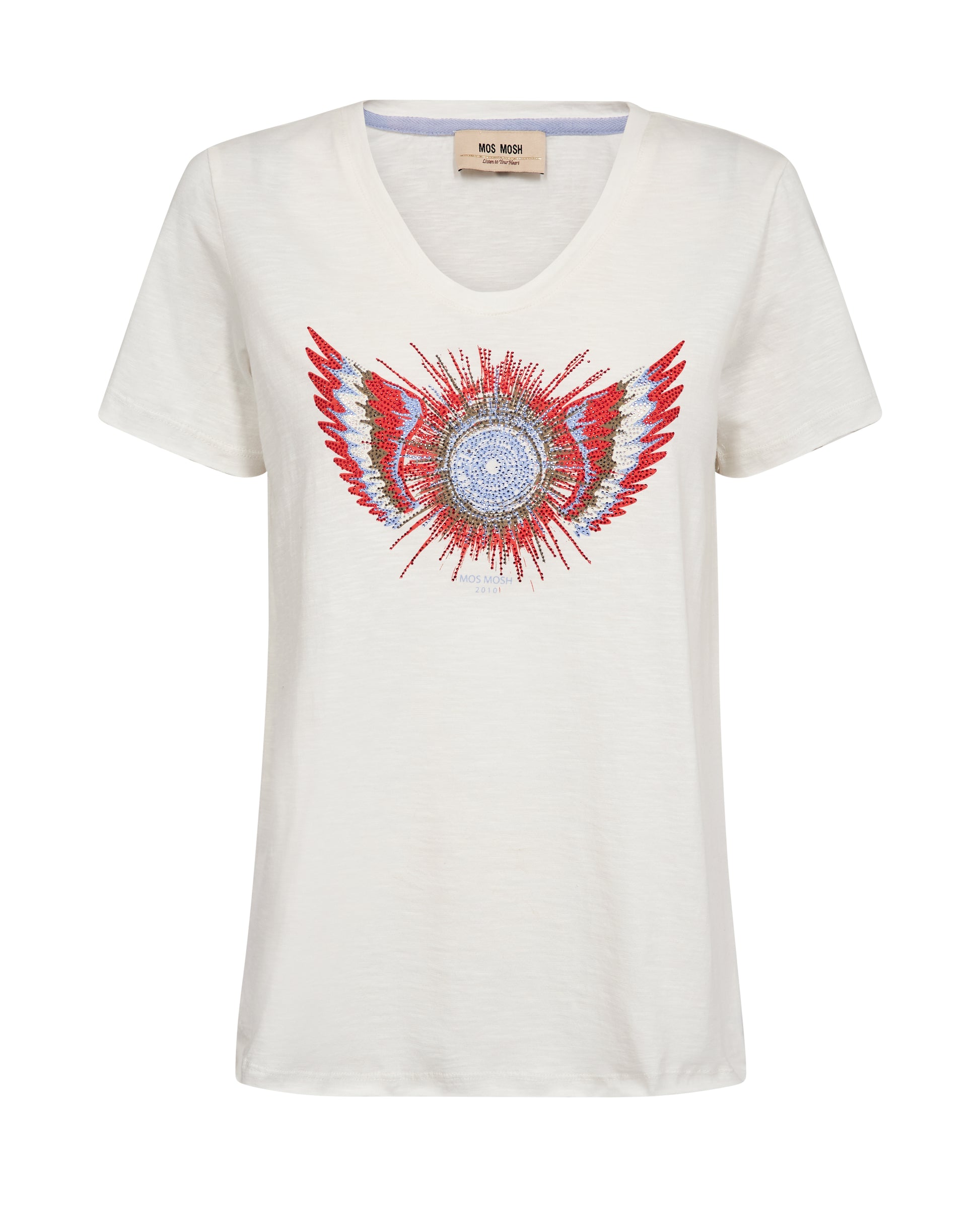 A timeless T-shirt with a glamorous twist from MOS MOSH. Crafted from soft cotton and designed in a flattering, fitted silhouette. The front features a striking embellished print that adds a touch of sparkle to your everyday look. Style it with jeans or a blazer for effortless elegance with a hint of attitude.