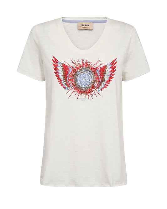 A timeless T-shirt with a glamorous twist from MOS MOSH. Crafted from soft cotton and designed in a flattering, fitted silhouette. The front features a striking embellished print that adds a touch of sparkle to your everyday look. Style it with jeans or a blazer for effortless elegance with a hint of attitude.