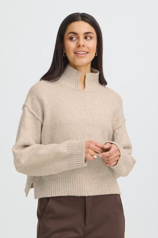 Elevate your knitwear game with this relaxed fit sweater from FRANSA&nbsp; featuring a stand-up collar and split neckline. Dropped shoulders and long sleeves complete the effortless silhouette with ribbed trims for subtle struct