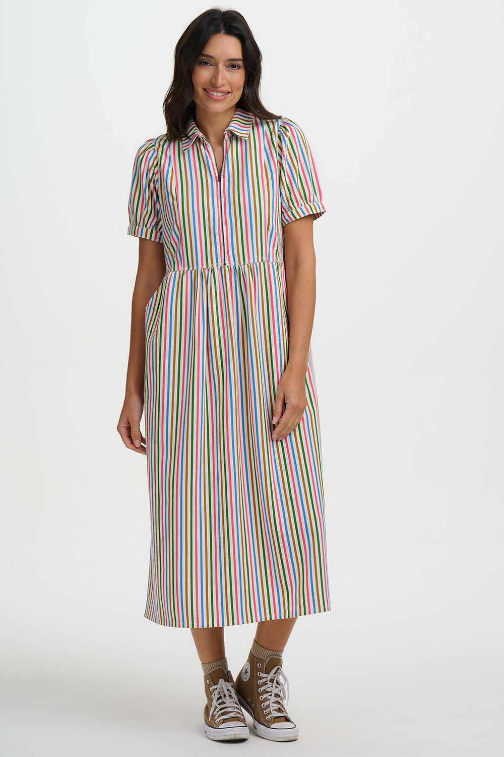 The Gillian Dress is an effortlessly feminine midi crafted from breathable 100% organic cotton. Designed with a flattering collared neckline and zip-front detail, it combines classic tailoring with everyday comfort. The softly gathered waist creates a gentle, flowing silhouette, while the short puff sleeves add subtle shape. Finished in a fresh colourful pinstripe with practical side pockets, it’s the perfect balance of polished and relaxed. Style with sandals or trainers for easy daytime wear, or layer wit