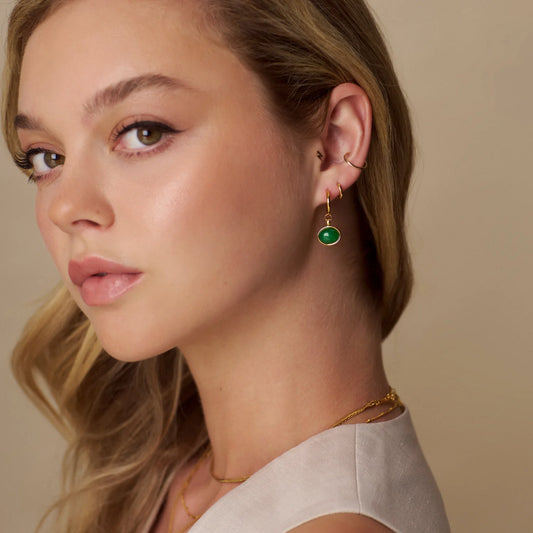 Elevate your look with these Semi-Precious Green Drop Hoop Earrings, that combine the beautiful green jade, semi-precious stone accent to a simple small gold hoop.