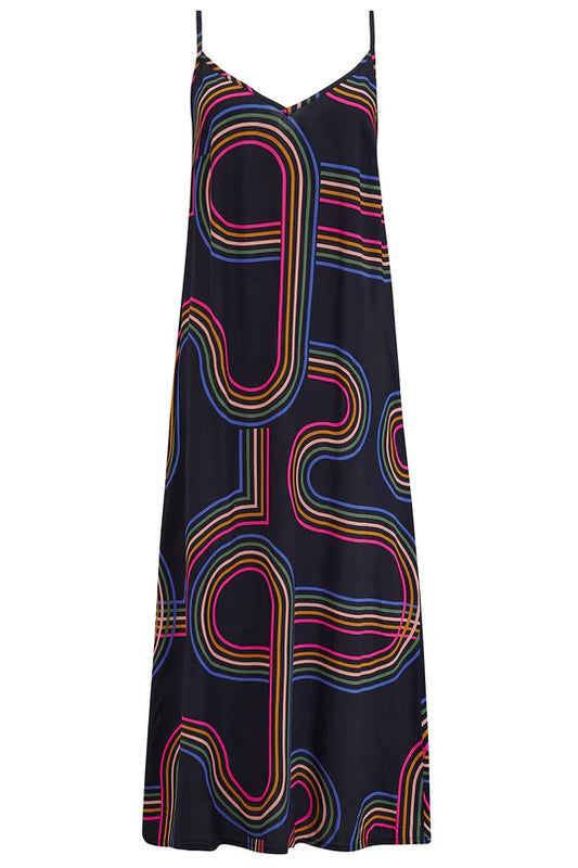 The new Gretchen sundress from SUGARHILL features a laid-back A-line shape and adjustable spaghetti straps to ensure a flawless fit. It flaunts our vibrant Retro Racer print, drawing inspiration from iconic 70s circular designs, beautifully set against an enduring black backdrop.