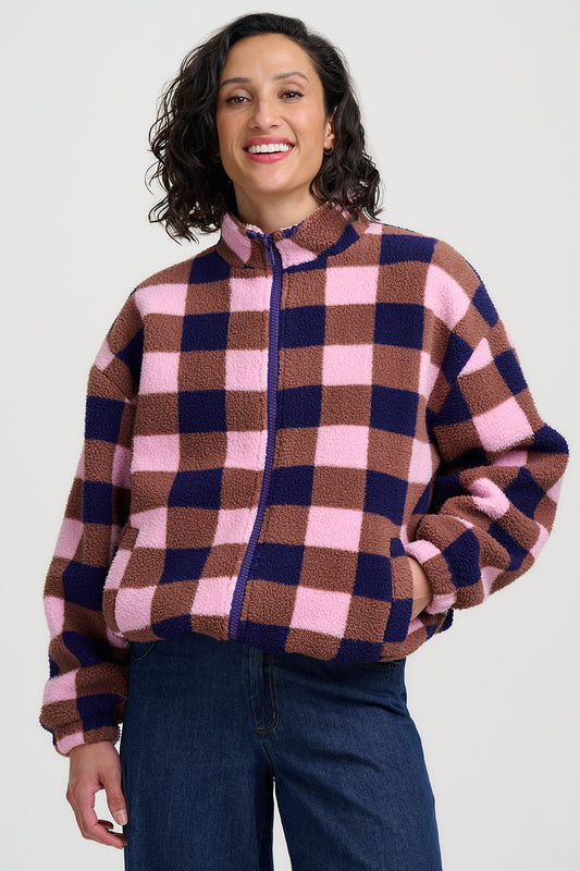 Introducing the Hartley Fleece, a brand new style never before seen from SUGARHILL! This cosy zip-up fleece is designed with a relaxed fit, making it the ultimate layering piece for cooler days. The standout design features large check, multicoloured squares in vibrant pink, blue, and brown tones, creating a playful, modern check effect 