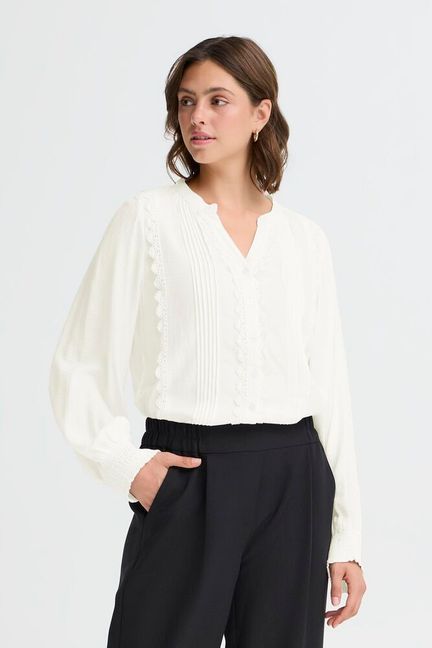 This pretty blouse from FRANSA featuring a relaxed fit, delicate lace trim details, V-neckline, button front, and long sleeves with shirred cuffs. Designed for comfort and versatile style, suitable for various occasions.