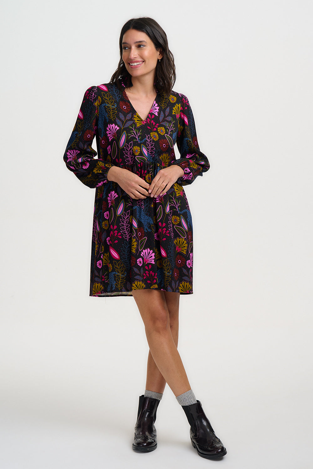 SUGARHILL "Indi Mini Smock Dress" (Black Jungle Panther)
