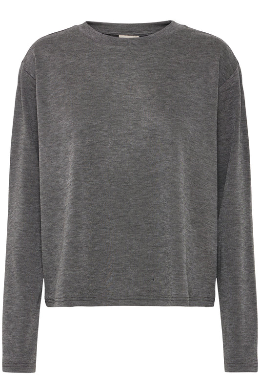 A round neck sweatshirt style top from Scandi brand FRANSA. A round neck piece with a long sleeve in a gently ribbed fabric. The hem is straight and the fit is true to size.
