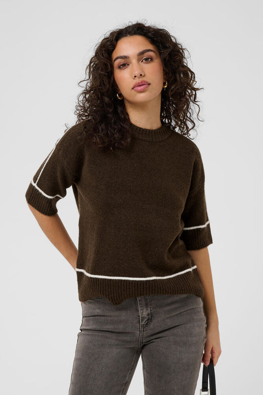 A cute Knit sweater from KAFFE with a boxy fit, ribbed mock neck, and elbow-length sleeves. Subtle contrast trim at cuffs and hem. Soft texture, dropped shoulders. The fit is true to size.