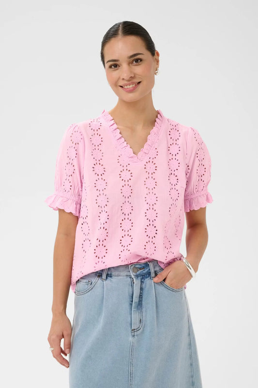 Short-sleeved blouse from KAFFE with a straight fit, featuring vertical rows of openwork eyelet embroidery throughout. Designed with a V-neckline edged in ruffles and finished with ruffled sleeve hems. The surface has a soft, matte appearance.The fit is true to size.