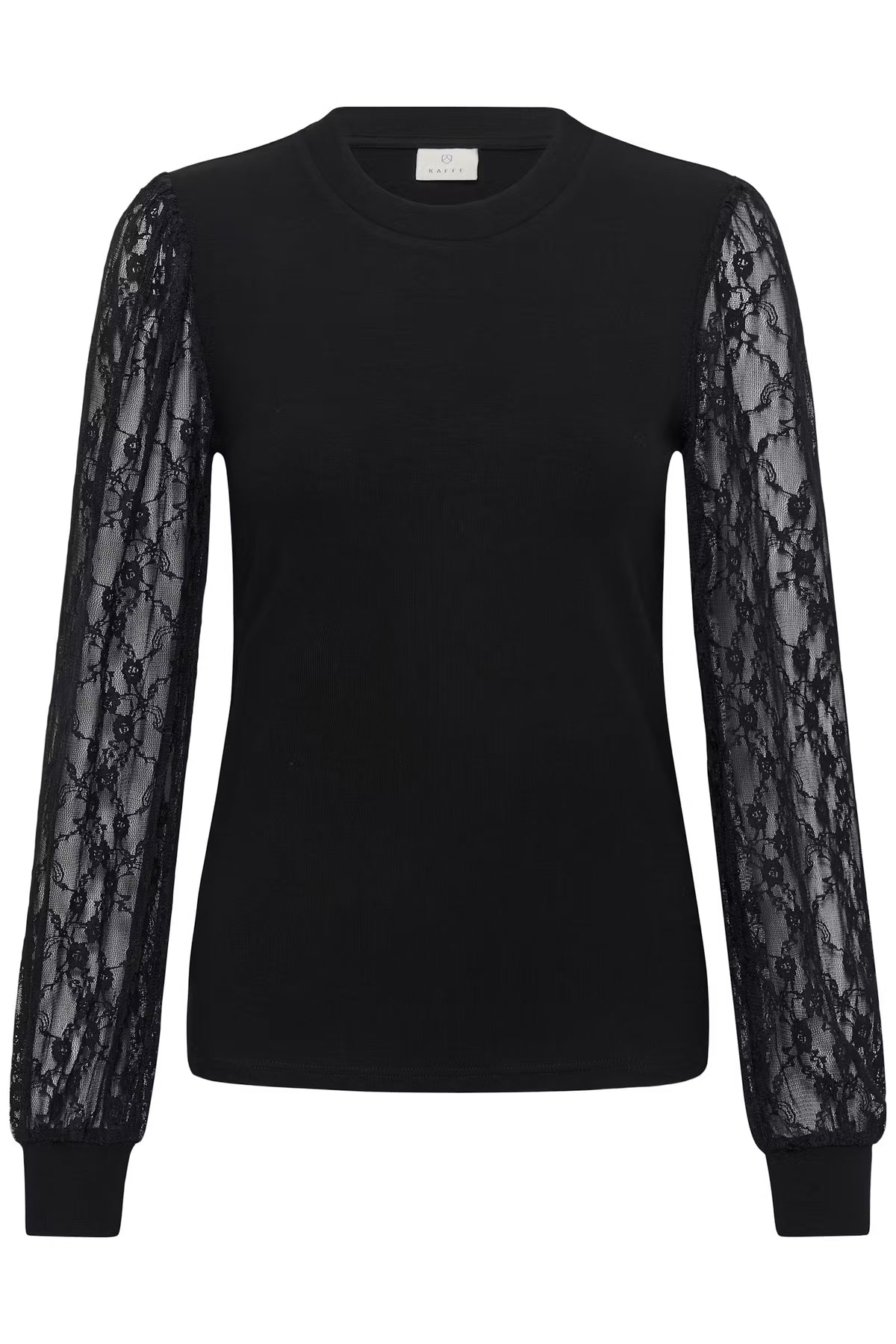 This long-sleeve top form KAFFE features a straight silhouette with a classic round neckline and distinctive, semi-sheer lace sleeves. The contrast between the opaque bodice and intricate lace sleeves creates a modern, visually striking look.