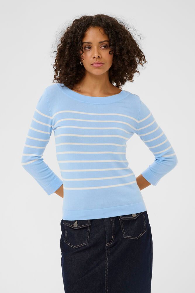 Crafted from a fine, super soft knit in powder blue & chalk white fine stripe, this slim fit boatneck pullover from KAFFE exudes understated elegance. Its fine fabric and 3/4 length sleeves offer a delicate, refined silhouette perfect for layering or wearing alone with sophistication. The fit is true to size for a fitted knit.