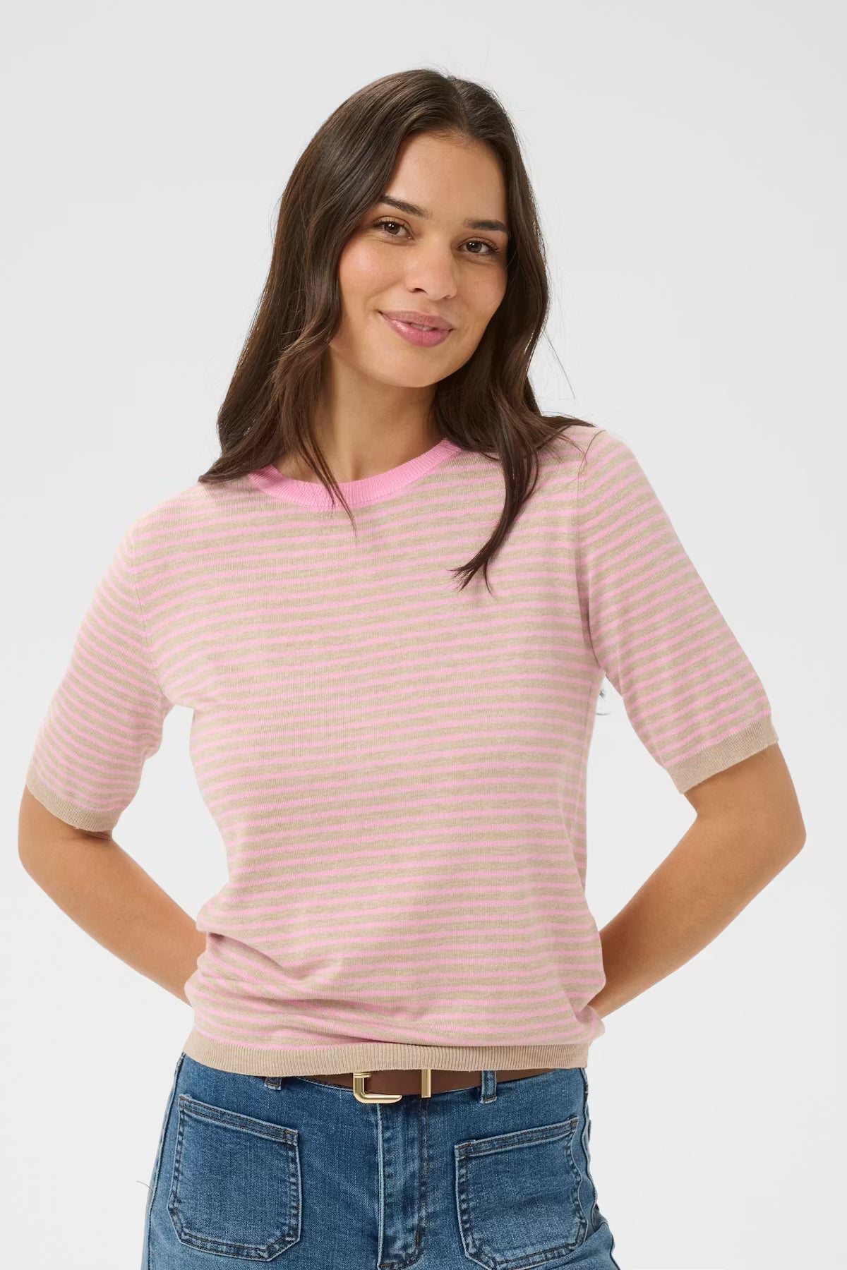 Striped knit top from KAFFE featuring a straight silhouette, ribbed crew neckline in a contrasting shade, and elbow-length fitted sleeves. The top has a smooth, fine-textured appearance throughout and ribbed edging at the cuffs and hem.
