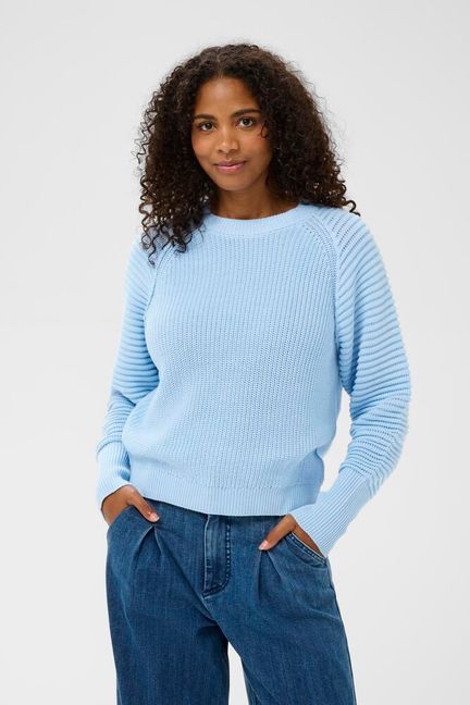 Ribbed sweater with a straight fit from KAFFE, featuring a crew neckline and distinctive textured sleeves. Soft finish, ribbed hem and cuffs lend a modern touch to this versatile knitwear staple. Fits true to size.