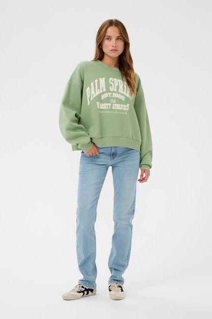 Varsity sweatshirt with a relaxed oversized fit from KAFFE , ribbed crew neckline, dropped shoulders, and ribbed cuffs and hem. Distinctive large front graphic text completes the casual silhouette.